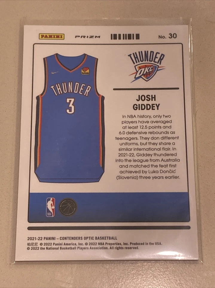 2021-2022 Panini Contender Optic Josh Giddey Uniformity Silver Prizm Rookie #30  - Image 2 of 2