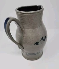  Rowe Pottery Works Salt Glaze Large Pitcher W/ Cobalt Blue Flowers