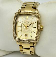 Ladies RELIC Gold Tone Crystal Accent All Steel Bracelet Watch, Date, ZR34222