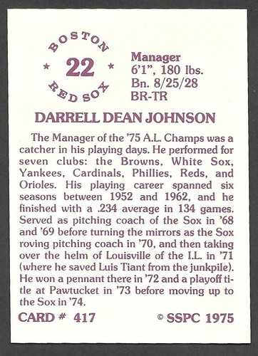 1975-1976 SSPC #417 Darrell Johnson Boston Red Sox ex como nuevo + A - Imagen 2 de 2