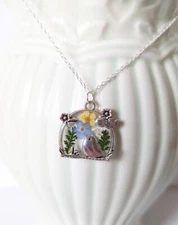 Handmade Real Forget Me Not Flowers Necklace Bird On Perch Pendant Robin Charm