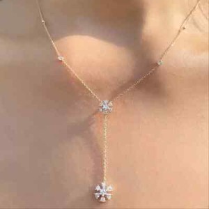 Authentic 3 Ct Real Moissanite Flower Shape Y-Drop Lariat Station Necklace 14K Gold Plated