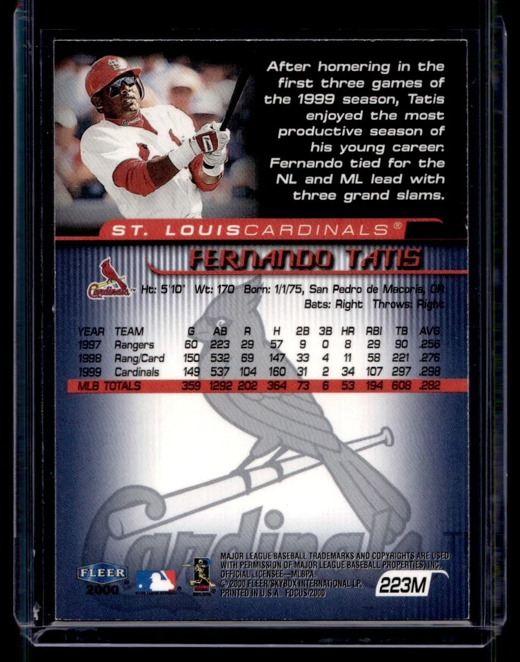 Fleer Focus 2000 error lámina púrpura falta 1/1 Fernando Tatis #223M Foto 2 de 2