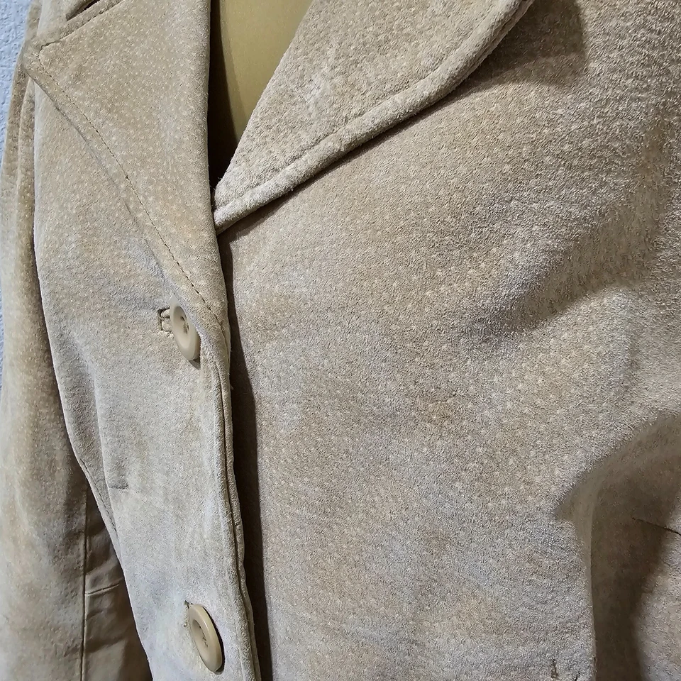 Abrigo chaqueta de cuero gamuza beige vintage para mujer grande clásico atemporal tranquilo lujo Foto 2 de 4