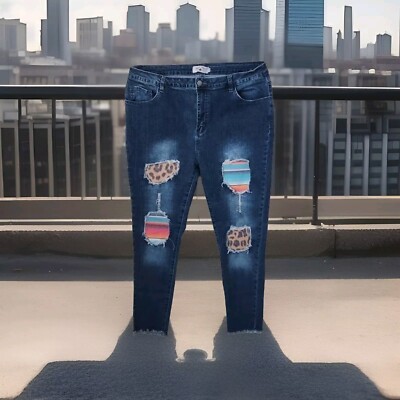 Crazy Train Raw Hem Leopard Patch Blue Distress Raw Hem Skinny Jeans Size 13/31