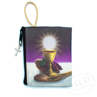 Bread Of Life Communion Rosary Pouch Case | Zippered Imit. Leather | Cross Charm