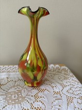 Vintage Bohemian Czech Glass Speckled Glass Vase 10” H Petal Edge