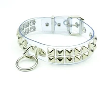 Clear Vinyl Studded Bondage Collar With Ring Double Rows Pyramid Punk Goth