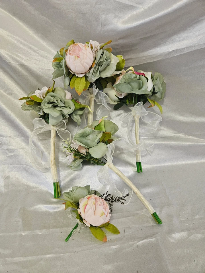 Rosa, crema, verde, juego de ramo de boda, paquete de boda romántico vintage Foto 2 de 4