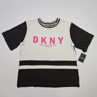 DKNY Damen Pyjama T-Shirt weiß schwarz große Kurzarm Oberteil Jersey