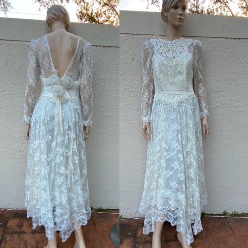 GORGEOUS VINTAGE BOHEMIAN LACE EMBELLISHED SUMMER BEACH WEDDING DRESS SZ 4-6
