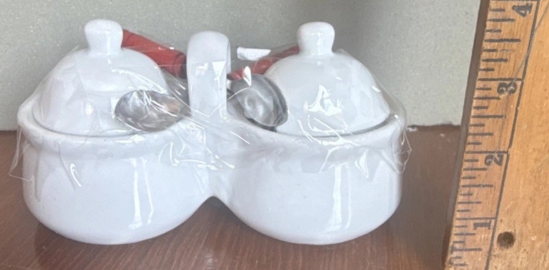 Houston Harvest Ceramic Creamer & Sugar Set White Red Lids Spoons Glossy
