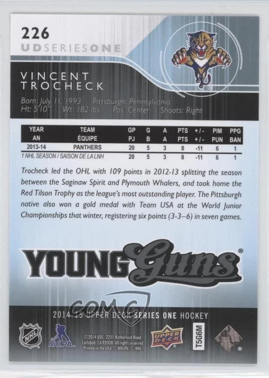 2014-15 Upper Deck Young Guns Vincent Trocheck #226 Rookie RC - Image 2 of 2