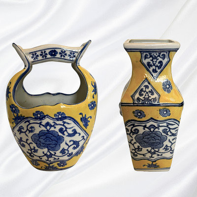 Pair Yellow Blue White Chinese Porcelain Vases Ming Qing Style
