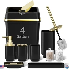 9PCS Black Bathroom Accessory Set, 4 Gallon Trash Can, Soap Dispenser & More