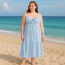 Gap Women's SZ XL Tie-Front Ruffle Hem Maxi Dress - Blue Stripe NWT