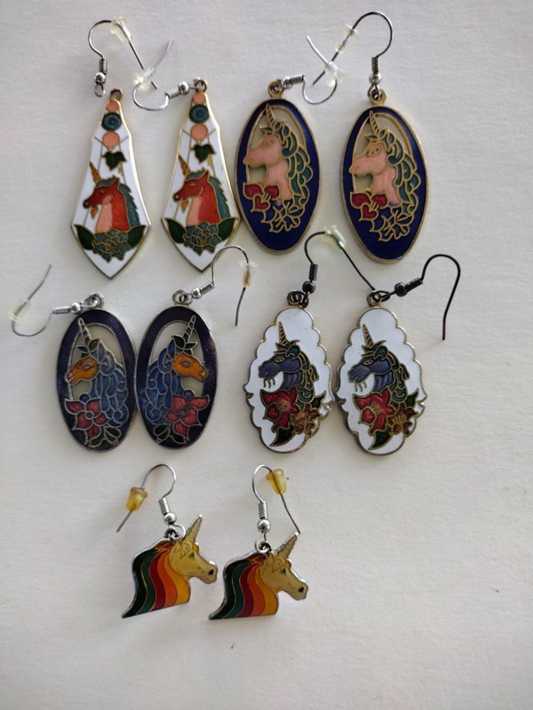 Cloisonne Earrings Vintage Unicorn 4 Sets & 1 From 1988 Great Condition 