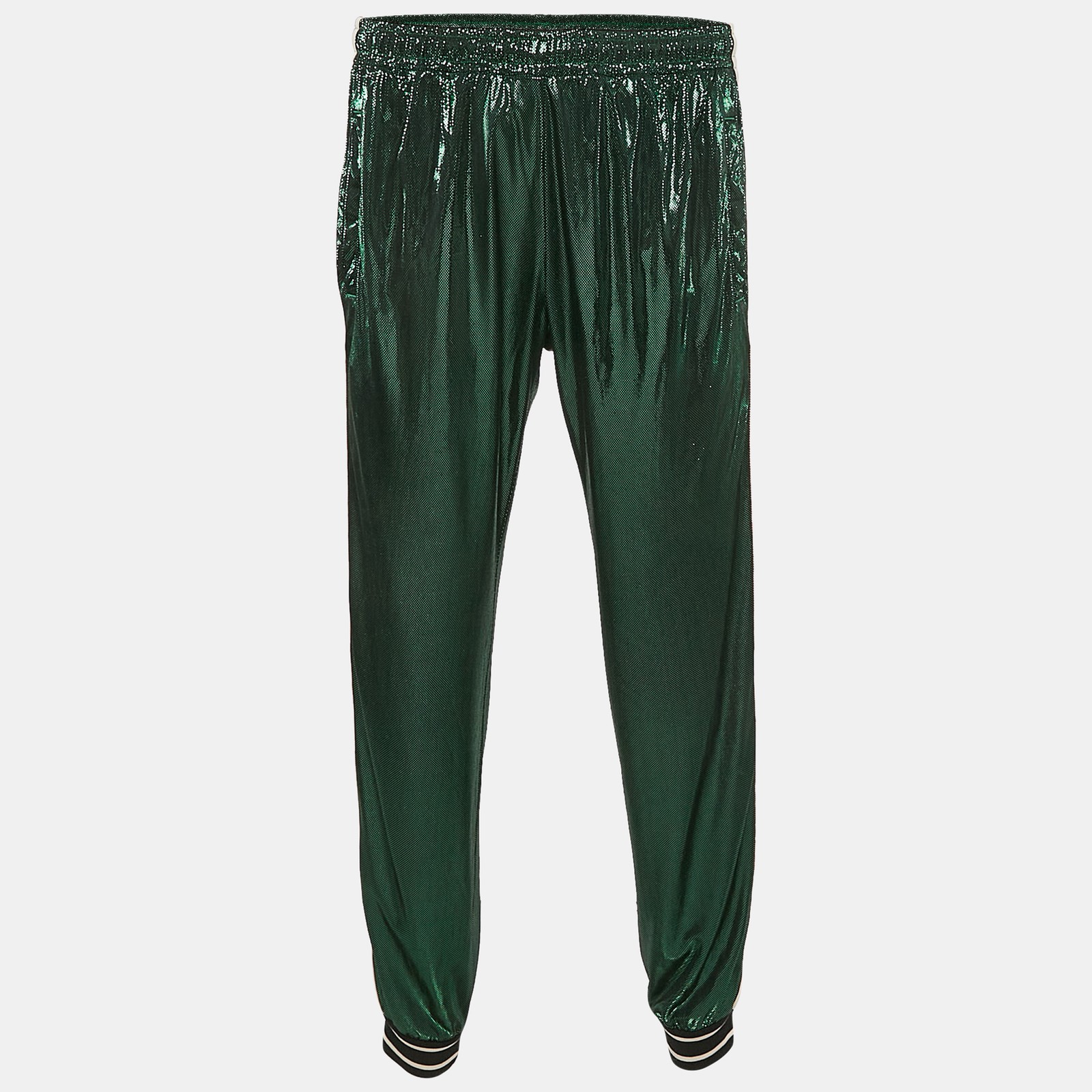 Gucci Metallic Green Logo Striped Jersey Trackpants for Men
