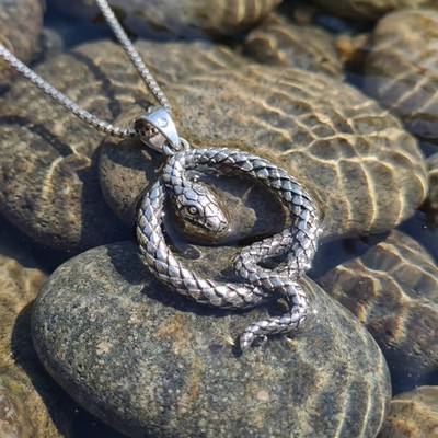  925 Sterling Silver Oxidized Snake Pendant with Italian Box Chain