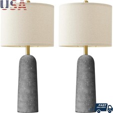 Resin Table Lamp W/ Stone Finish Modern Design Linen Shade Nightstand Lighting