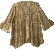 Elie Tahari size M silk metallic leather gold sparkly top bell sleeves dressy