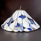 Vintage Stained Glass Hanging Pendant Lamp White/Blue Floral Shade 20" Diameter
