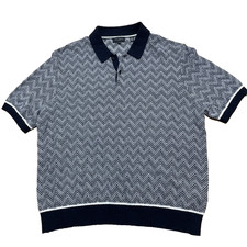 Ted Baker London Men 6 Waldun Navy Cream Zig Zag Stitch Polo Shirt Short Sleeve