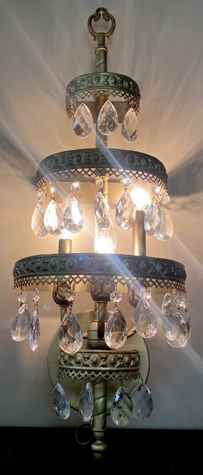 Vintage Large RARE Brass & Prisms 4 Tier Lighted Wall Fixture/Sconce-3 Bulbs - Image 3 of 4
