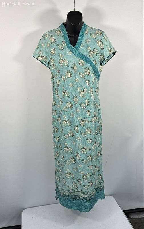 Iolani Women's Teal Blue Floral Lily Print Hawaiian Maxi Dress Side Slit Sz S