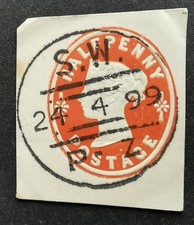 qv 1/2 penny stationery cut out- Newspaper Branch Cancel 1899.
