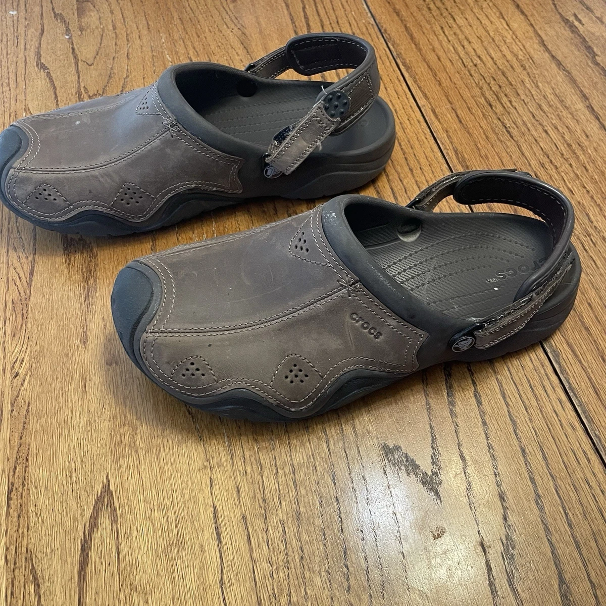 Crocs Swiftwater Leather Fisherman Sandals Mens 12 Espresso Black 204562 Crocs Swiftwater Mens Size 13 Brown Leather Outdoor  main image 3
