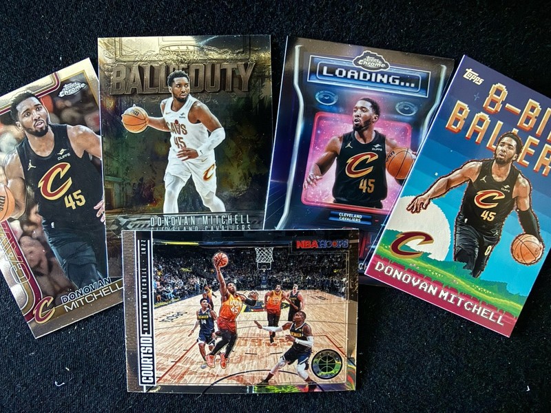 5-card: Donovan Mitchell Chrome Base, Ball of Duty, Loading; 8 Bit, Courtside