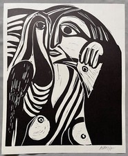 Renate Bode-Adamy, Linolschnitt, Motiv: Vogel im Auge, signiert