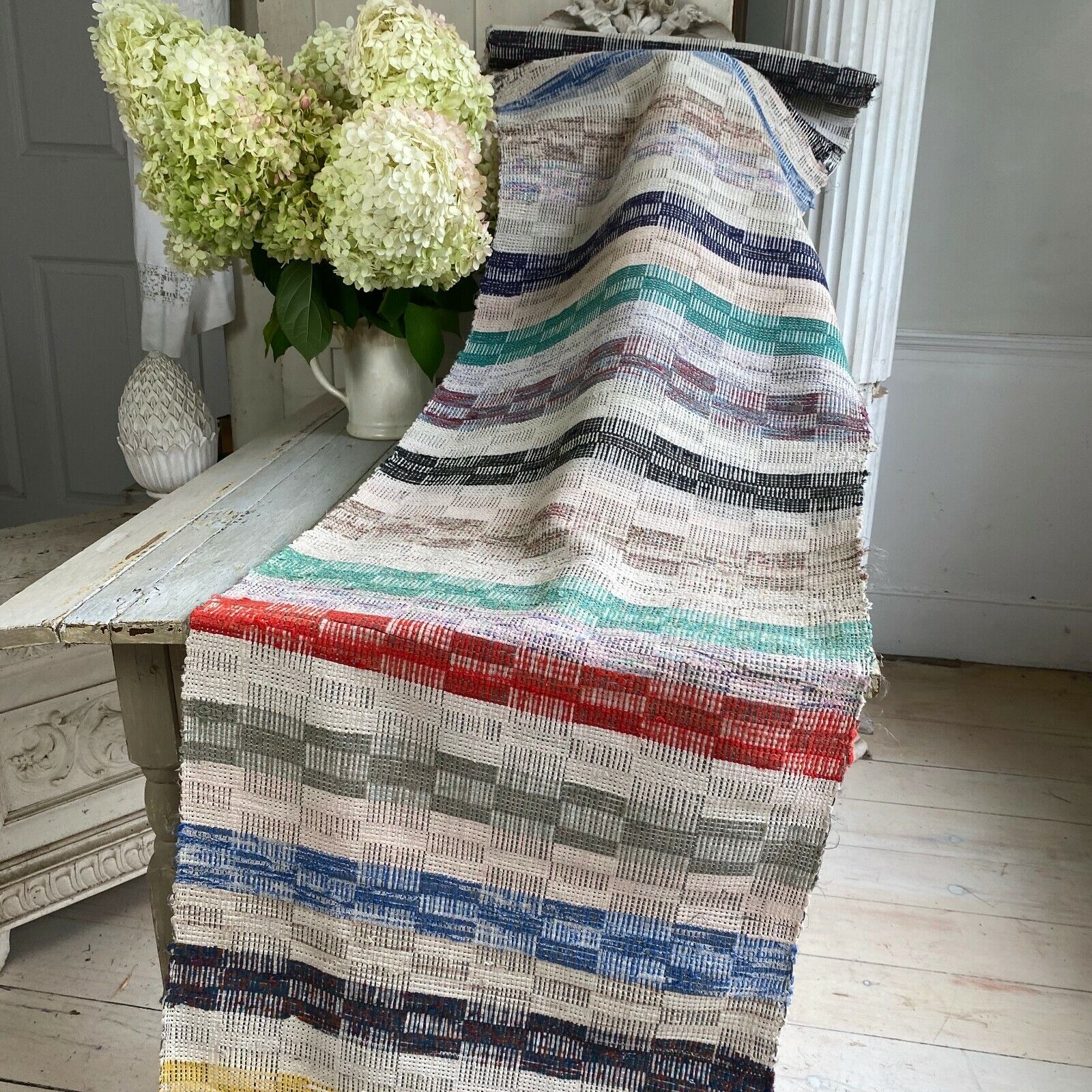 Rag Rug textile European vintage hallway carpet hand woven  Antique 