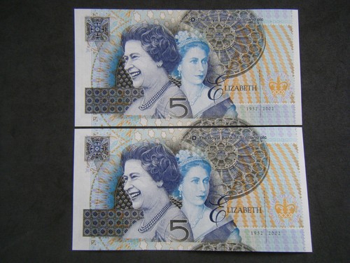 2 x UNC Royal Bank of Scotland £5 cinco libras 2002 Jubileo de Oro consecutivo - Imagen 2 de 2