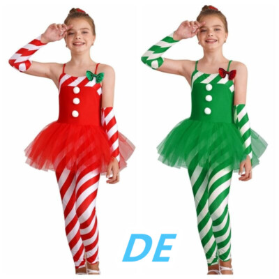 DE Mädchen Weihnachten Kostüm Turnanzug Leotard mit Tutu Rock Xmas Outfits