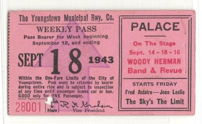 1943 Youngstown Municipal Railway weekly bus pass, Ohio, The Palace band ad