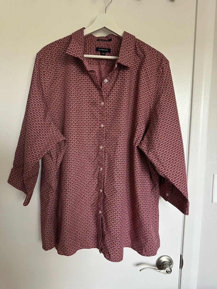 Women LANDS' END Pink Brown SHIRT Top 3/4 Sleeve No Iron %100 Supima Size 24W - Изображение 2 из 4
