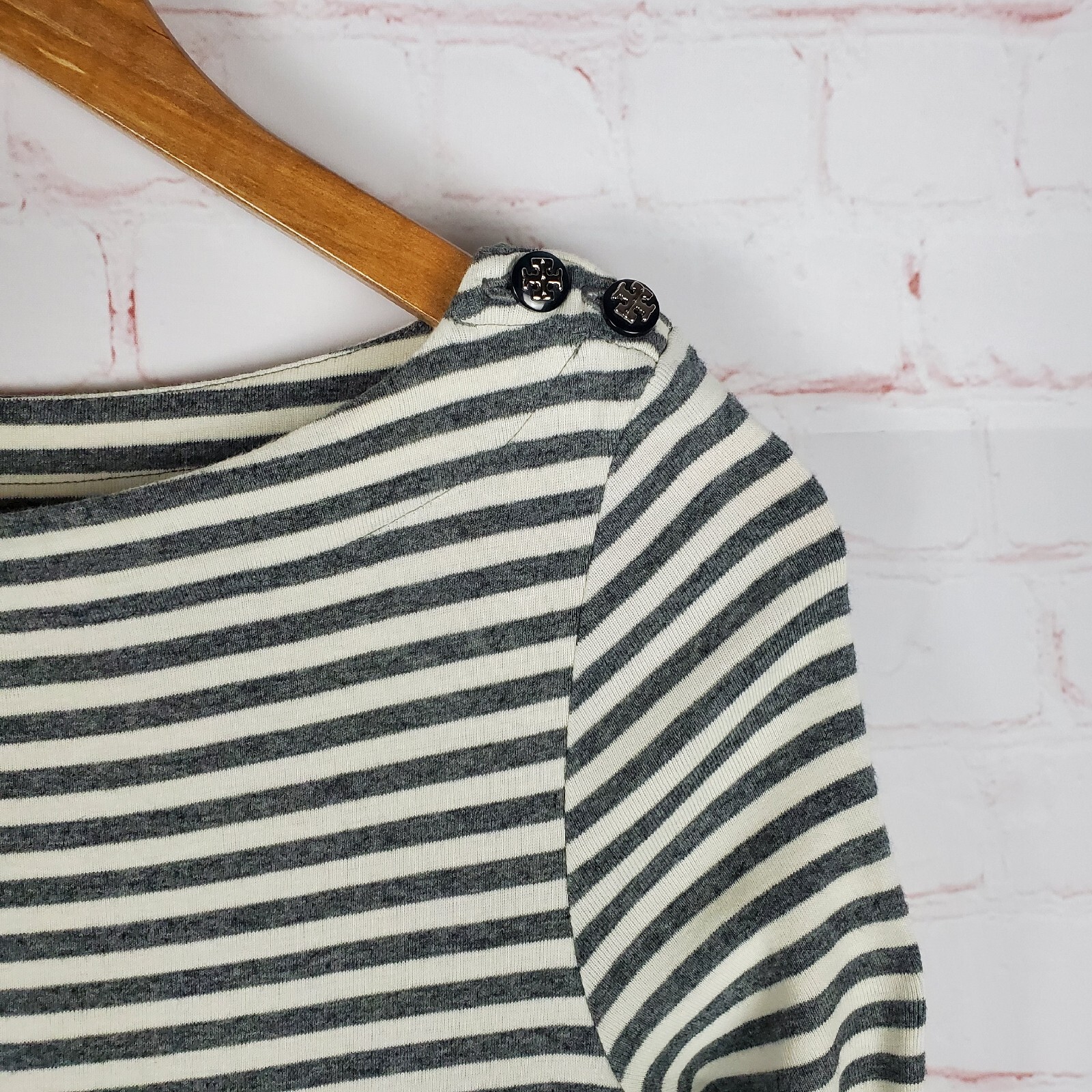 Tory Burch Pima Cotton 3/4 Sleeve Tee Shirt Dress XS Boat Neck Striped Logo Gray thumbnail 6