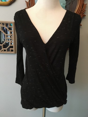 SWEET CLAIRE MARKENGRÖSSE KLEIN DRAPIERT SCHWARZ BLUSE TOP STRICK V-AUSSCHNITT 3/4 ÄRMEL