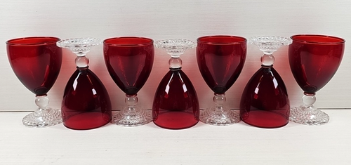 7 Anchor Hocking Blasenfuß Rubin Wasserkelche Set Vintage Rot Stielgläser MCM Posten - Bild 8 von 24