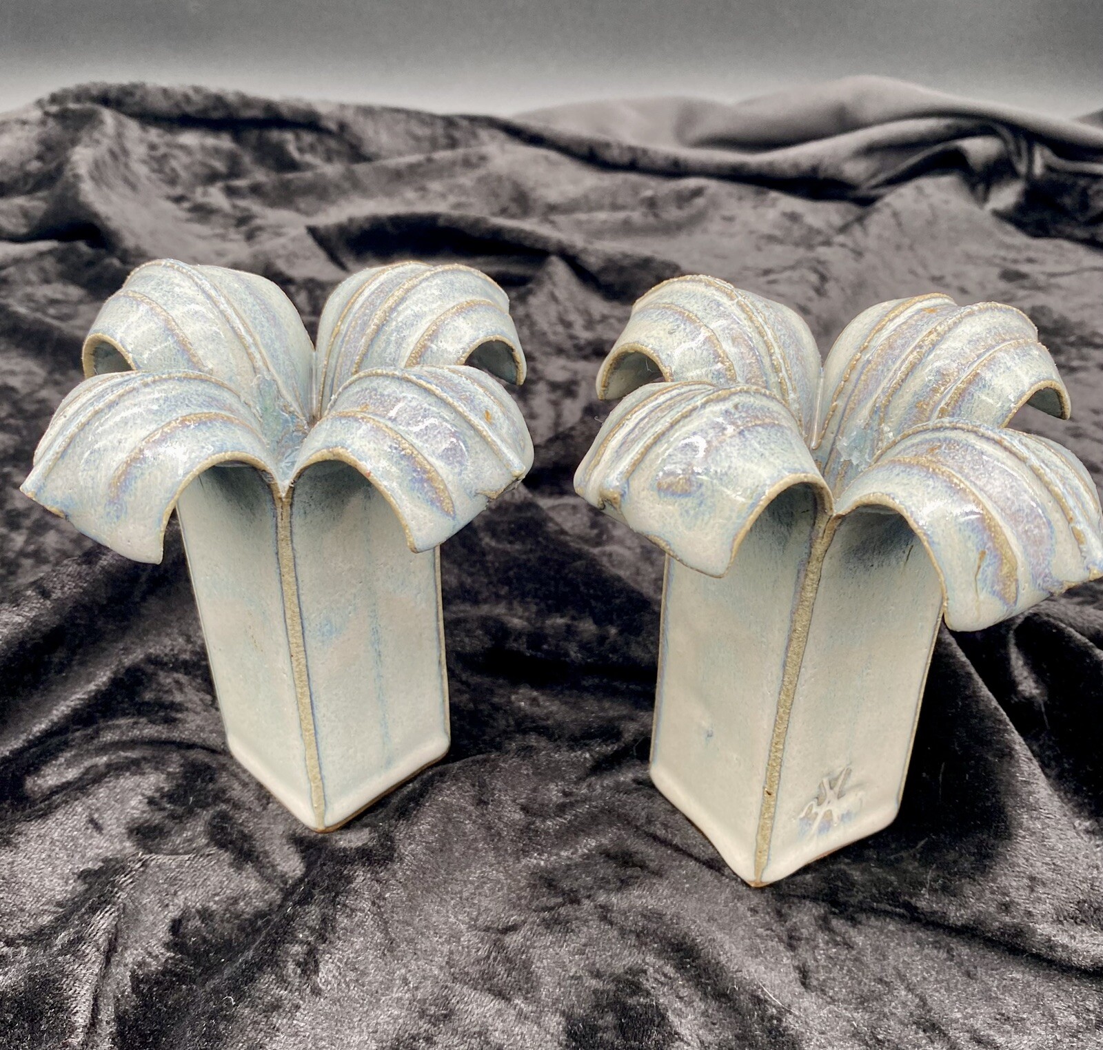 Pair - Handmade Paul Anthony Stoneware Pottery Lavender Blue Candlestick Holders