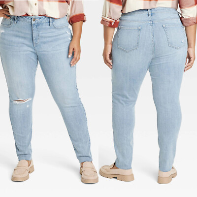 Size 18 - Womens Mid-Rise Skinny Jeans - Ava Viv - Light Wash Destroy