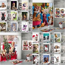 Puppy Dog Bathroom Set Shower Curtain Non-Slip Bath Mat Toilet Lid Cover 4pcs