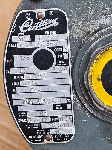 Century Motor Type SPS, 8-111096-01, 1/3 HP, 1725 RPM, 115V, w/ Exterior Switch - Picture 2 of 12