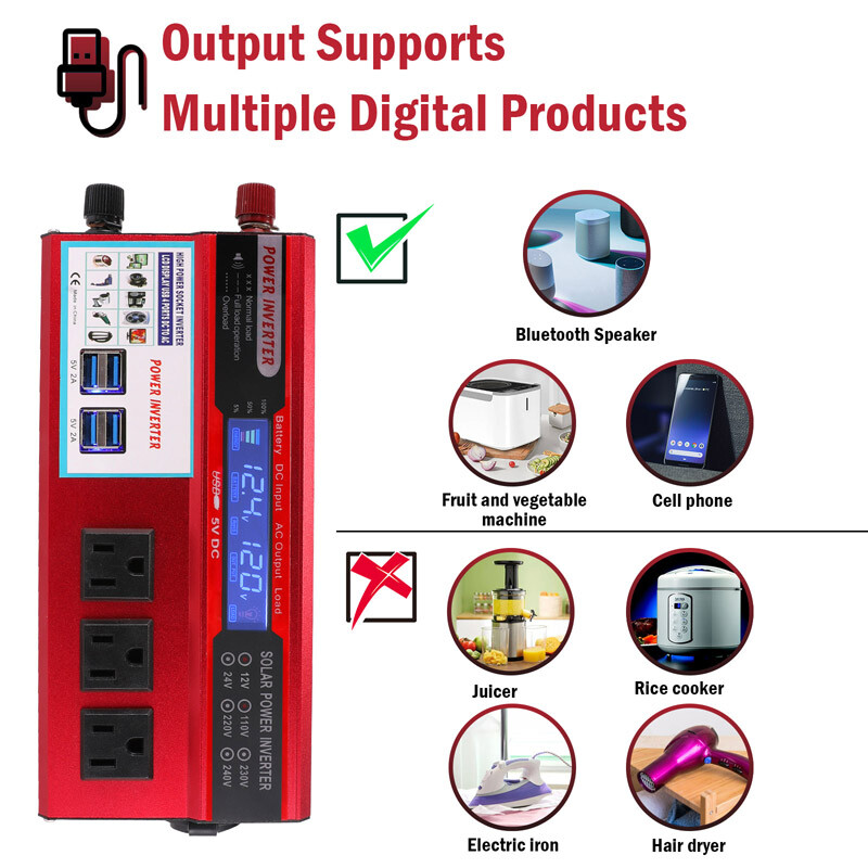 Car Power Inverter 3000W 4000W 6000 Watt 12V DC to 110V AC Solar Power