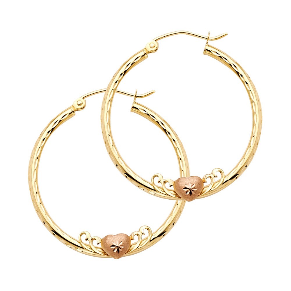 14k Yellow Rose Gold Two Tone Hoop Heart Earrings Diamond Cut 25mm