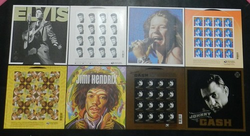 Set of 4 Music Icon sheets 4880 Hendrix 4789 Cash 5009 Elvis 4916 Joplin FV $46