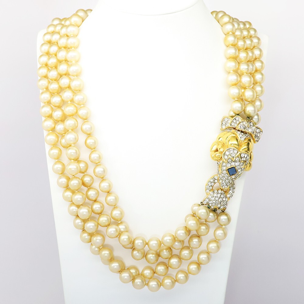 KJL Quadruple Strand Faux Pearl Necklace w/ Pavé Set Rhinestone