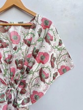 Indian White Floral Sleepwear Cotton Kaftan Summer Beach Cover Up, Maxi Dress